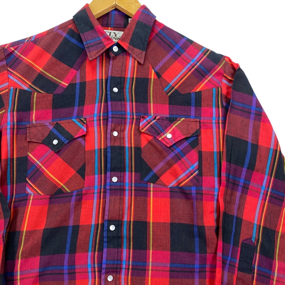 Ely Cattleman Western Shirt Mens Medium Red Plaid Pearl Snap Vintage 90s Yoke